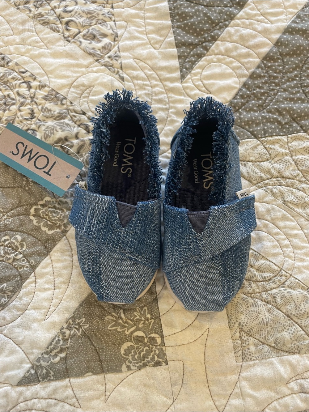 TOMS Kids Denim Blue Frayed Slip-On Sneakers